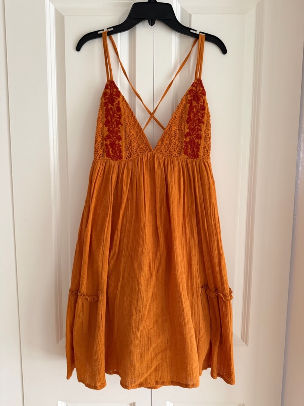 L*Space Rust Orange Embroidered Boho Babydoll Mini Dress Medium